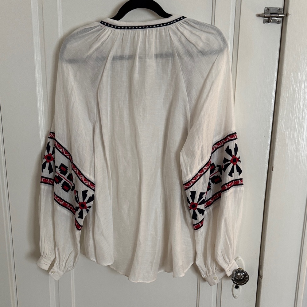 Boho Embroidered Peasant Blouse - White with Red & Black Accents - Picture 7 of 9